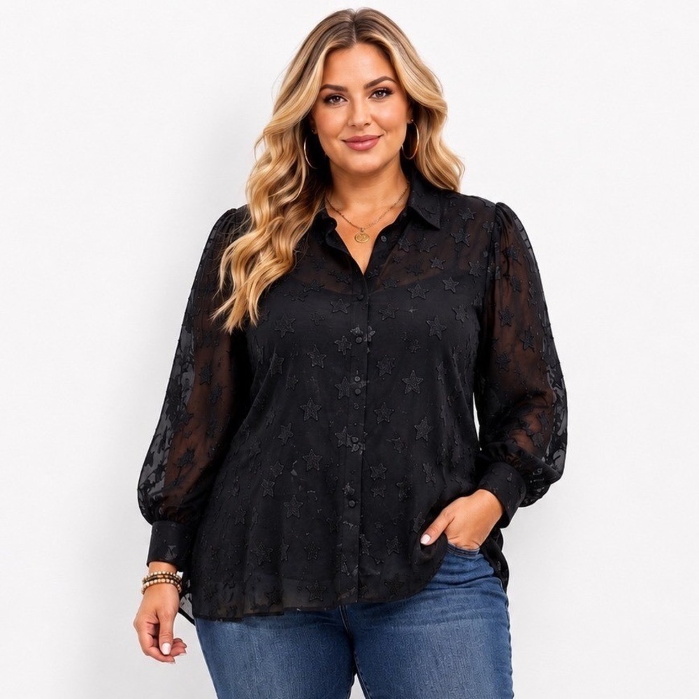 Torrid Blouse 3X Black Sheer Star Celestial Button Down Long Sleeve Top Goth